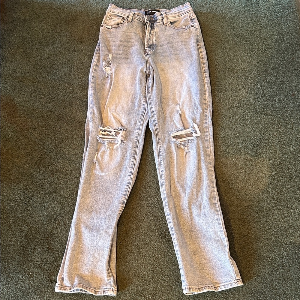 Fashion Nova Light Gray Distressed Straight Leg Jeans
